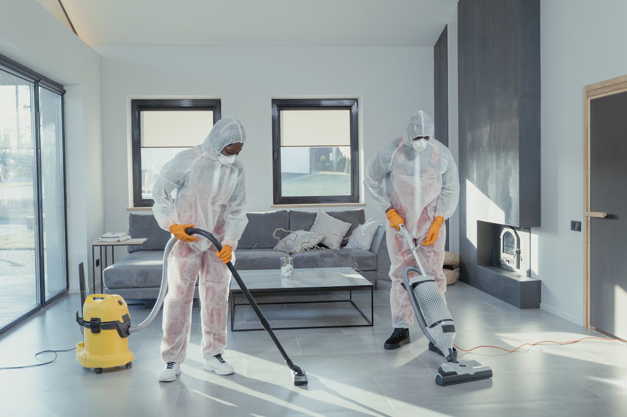 Reinigungsteam in Schutzkleidung saugt einen gefliesten Boden