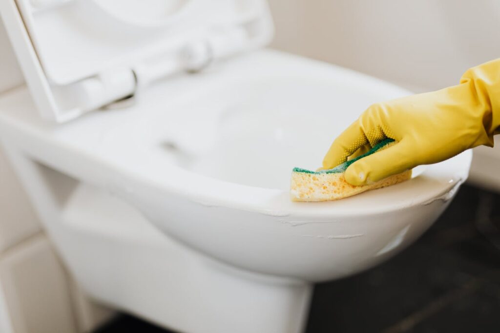 Mitarbeiter mit Gummihandschuhen reinigt Toilettenschüssel gründlich